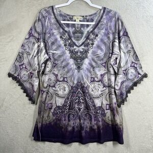 One World Purple Paisley Print Knit Top Sz 1X Boho 3/4 Sleeve Live and Let Live